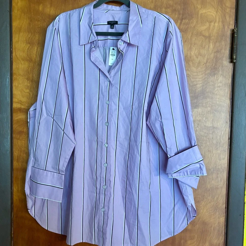 NEW Talbots Women’s Boyfriend Striped Shirt 3X Purple And White Button Down - Picture 3 of 7